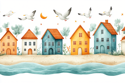 Coastal Village Watercolor Border