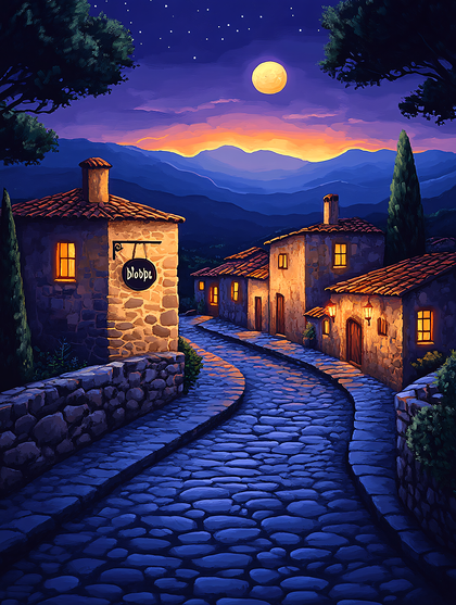 Cobblestone Street at Sunset