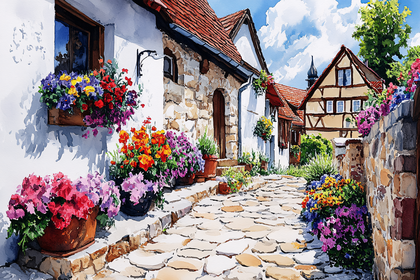Cobblestone Street Lined with Flowers