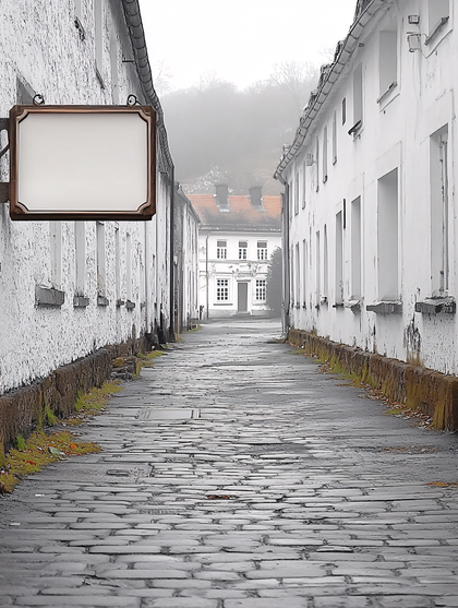 Cobblestone Street With Blank Signboard