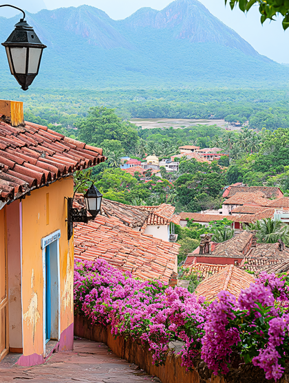Cobblestone Street with Bougainvillea in Tropical Town