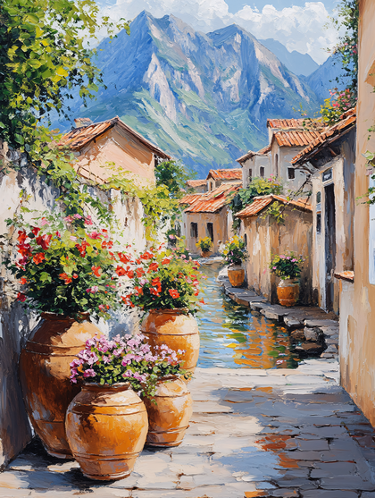 Cobblestone Street with Canal and Mountain View