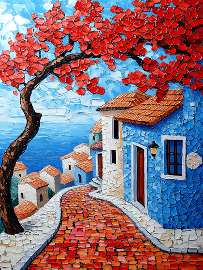 Cobblestone Street with Red Tree and Blue Houses