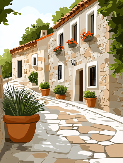 Cobblestone Street with Stone Buildings and Potted Plants