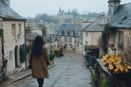Cobblestone Street with Woman in Autumn Coat