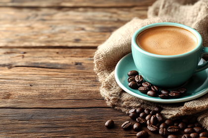 Coffee Cup and Beans on Rustic Wood