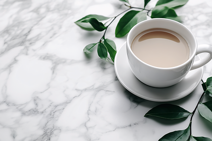 Coffee Cup on Marble with Greenery