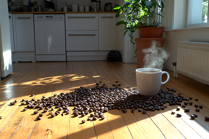 Coffee Cup with Beans on Wooden Floor