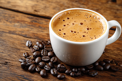 Coffee Cup with Beans on Wooden Table