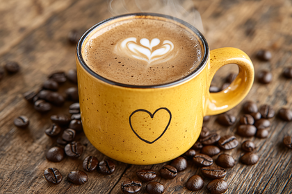 Coffee Cup With Latte Art And Beans