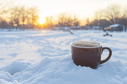 Coffee Mug in Snowy Landscape at Sunrise