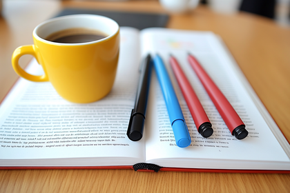 Coffee Mug with Book and Pens