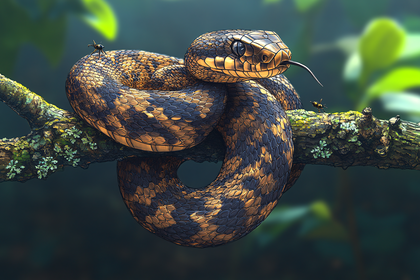 Coiled Snake On Branch With Ants