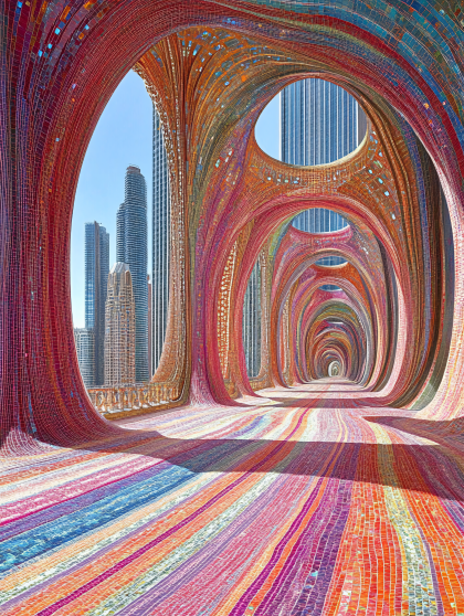 Colorful Arches Pathway with Cityscape View
