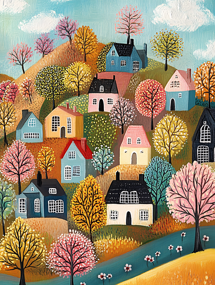 Colorful Autumnal Village Scene