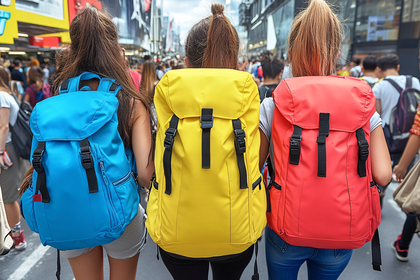 Colorful Backpacks On A Crowded Street