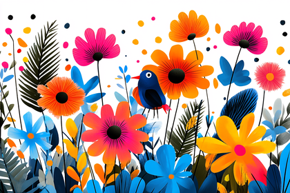Colorful Bird and Flower Garden Illustration