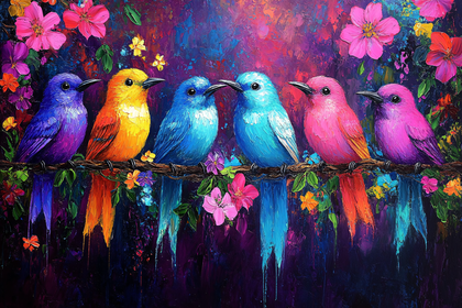 Colorful Birds on a Branch