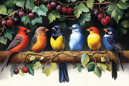 Colorful Birds on a Branch