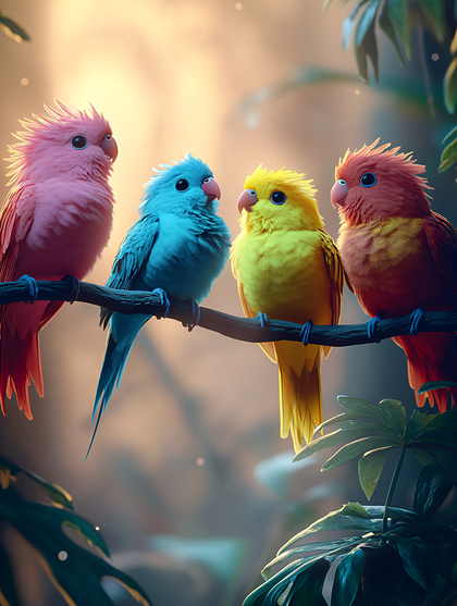 Colorful Birds On Branch