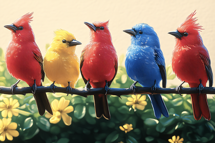Colorful Birds on Branch
