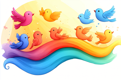 Free Download Colorful Birds on Rainbow Wave Vector Illustration