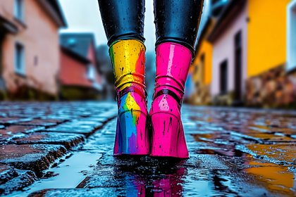 Colorful Boots on Wet Cobblestones