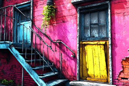 Colorful Building Exterior With Blue Stairs And Yellow Door