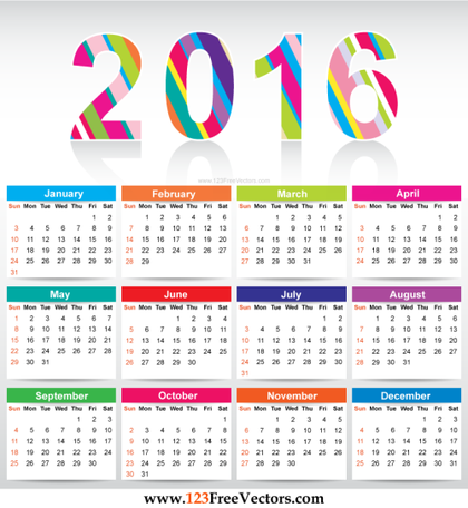 Free Colorful Calendar 2016 Vector Template