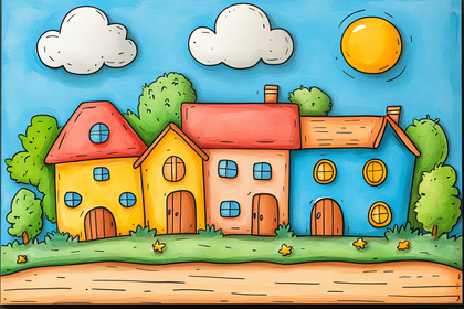 Colorful Cartoon Houses in a Sunny Landscape