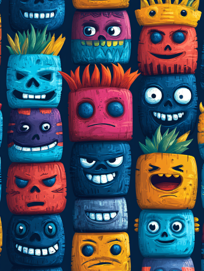 Colorful Cartoon Tiki Heads Pattern