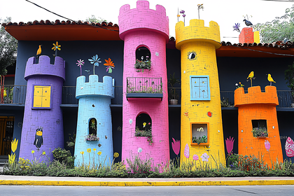 Colorful Castle Towers Building Facade