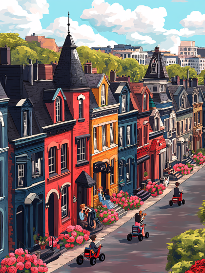 Colorful City Street With People On Scooters