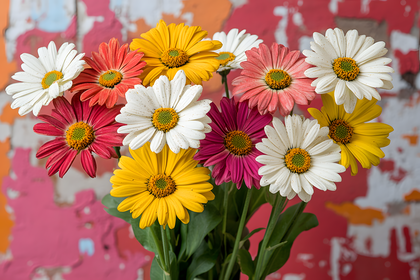 Colorful Daisies Bouquet Against Painted Wall