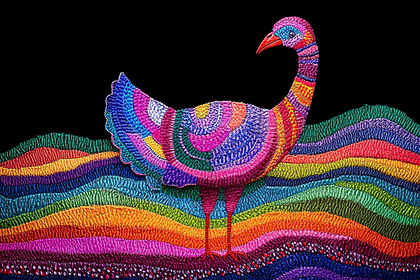 Colorful Embroidered Bird on Rainbow Hills