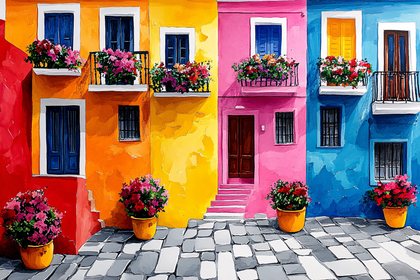 Colorful European Buildings with Flowers