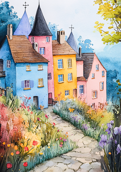 Colorful European Village Watercolor
