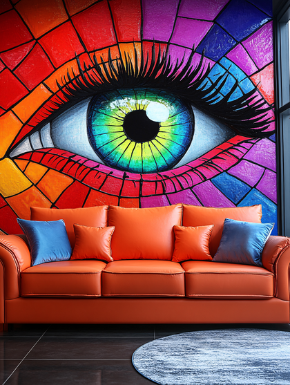 Colorful Eye Mural Above Orange Sofa