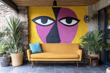 Colorful Face Mural With Yellow Sofa And Plants