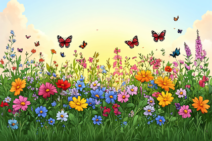 Colorful Flower Field With Butterflies