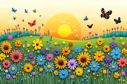 Colorful Flower Meadow with Butterflies at Sunset