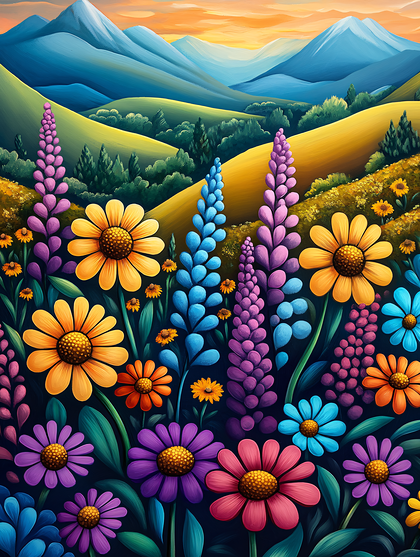 Colorful Flowers and Mountains