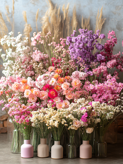 Colorful Flowers in Vases Arrangement