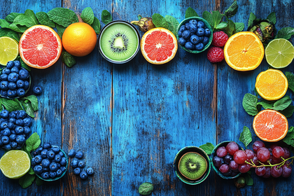 Colorful Fruits and Greens Frame on Rustic Blue Wood