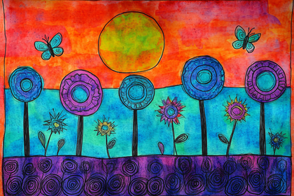 Colorful Garden With Butterflies And Sun