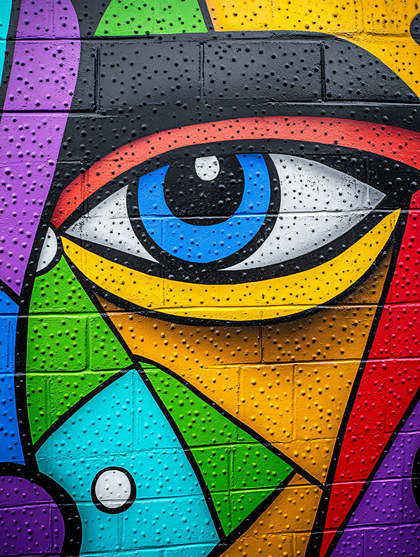 Colorful Geometric Eye Mural on Brick Wall