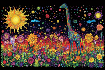 Colorful Giraffe in Flower Field