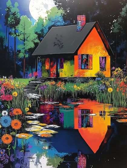 Colorful House by the Pond Under Moonlight