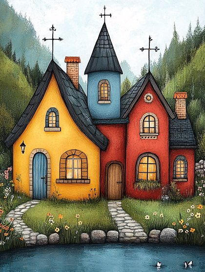 Colorful houses in a scene by a lake