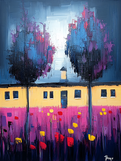 Colorful Houses in Field Impasto Painting